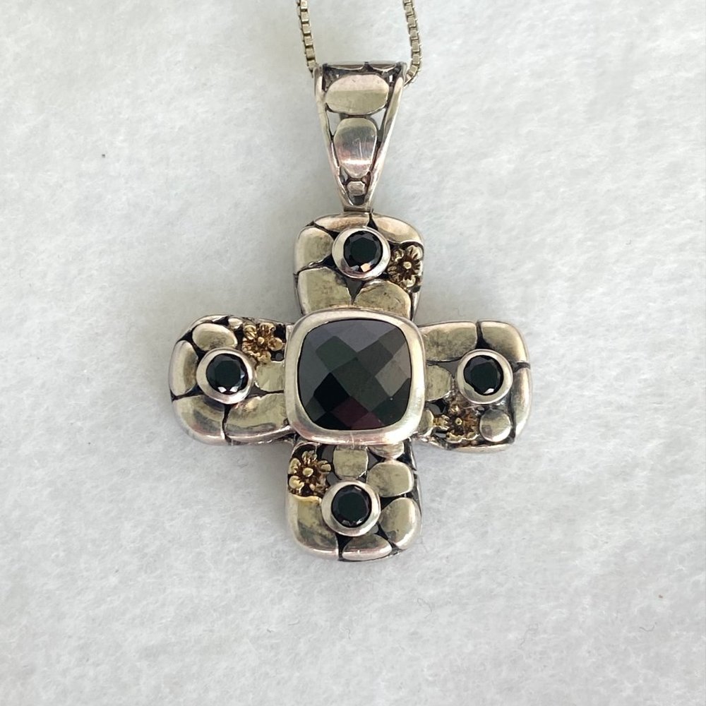 Sterling Silver 925 Black Tourmaline Glass Cross Pendant Necklace 18" Box Chain - Picture 7 of 16